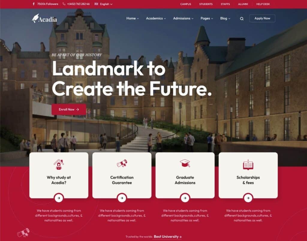 El tema Acadia de WordPress para universidades.
