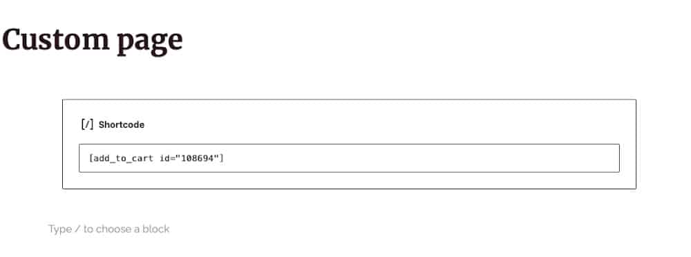 Een add-to-cart knop invoegen met het shortcode blok.
