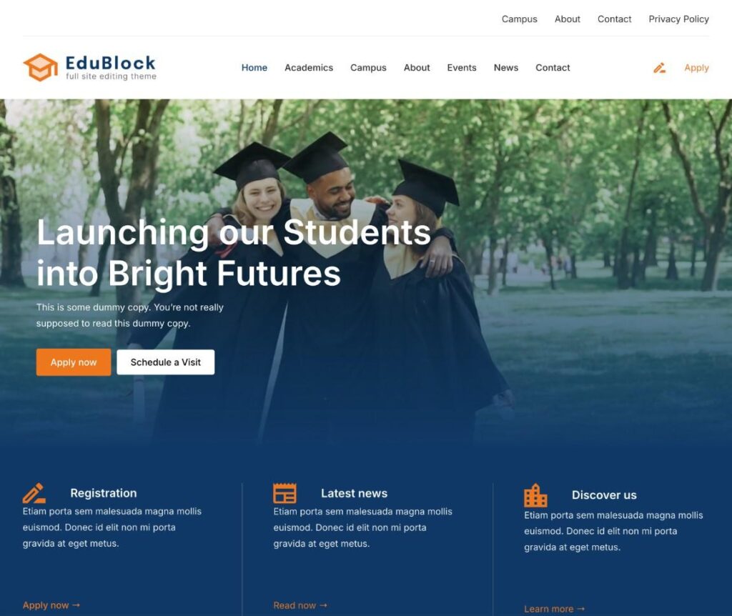 Página de inicio del tema EduBlock Pro para universidades