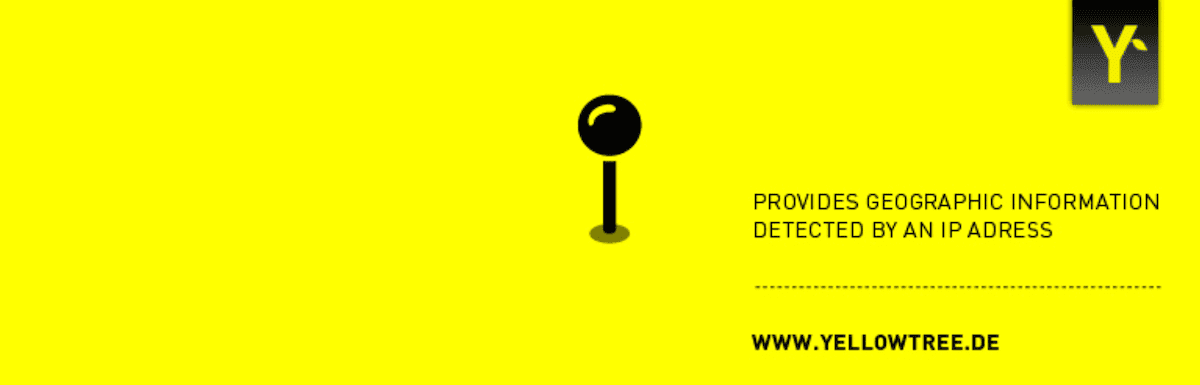 Das Header-Bild des Geolocation IP Detection-Plugins von WordPress.org. Es zeigt ein gelbes Banner mit einem schwarzen Stecknadel-/Standortmarkierungssymbol. Darunter befindet sich schwarzer Text und eine URL zu einer Website (www.yellowtree.de).