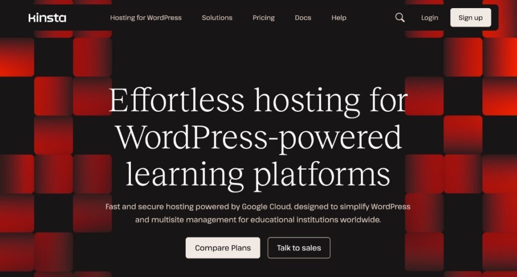 Página de aterrizaje de alojamiento educativo de WordPress de Kinsta