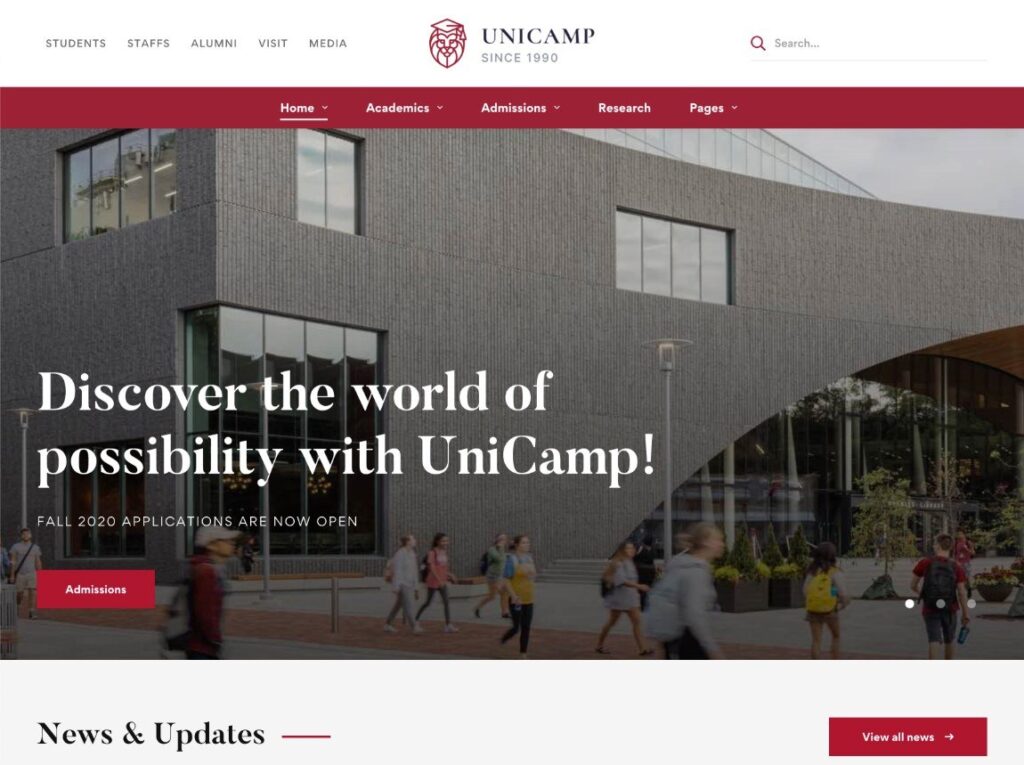 Una de las plantillas predefinidas del tema educativo UniCamp.