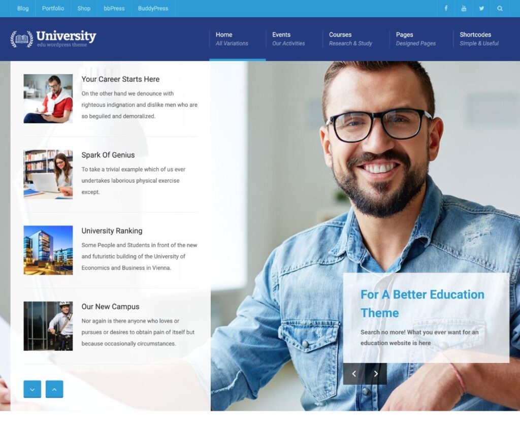 Una de las plantillas predefinidas del tema University de WordPress.