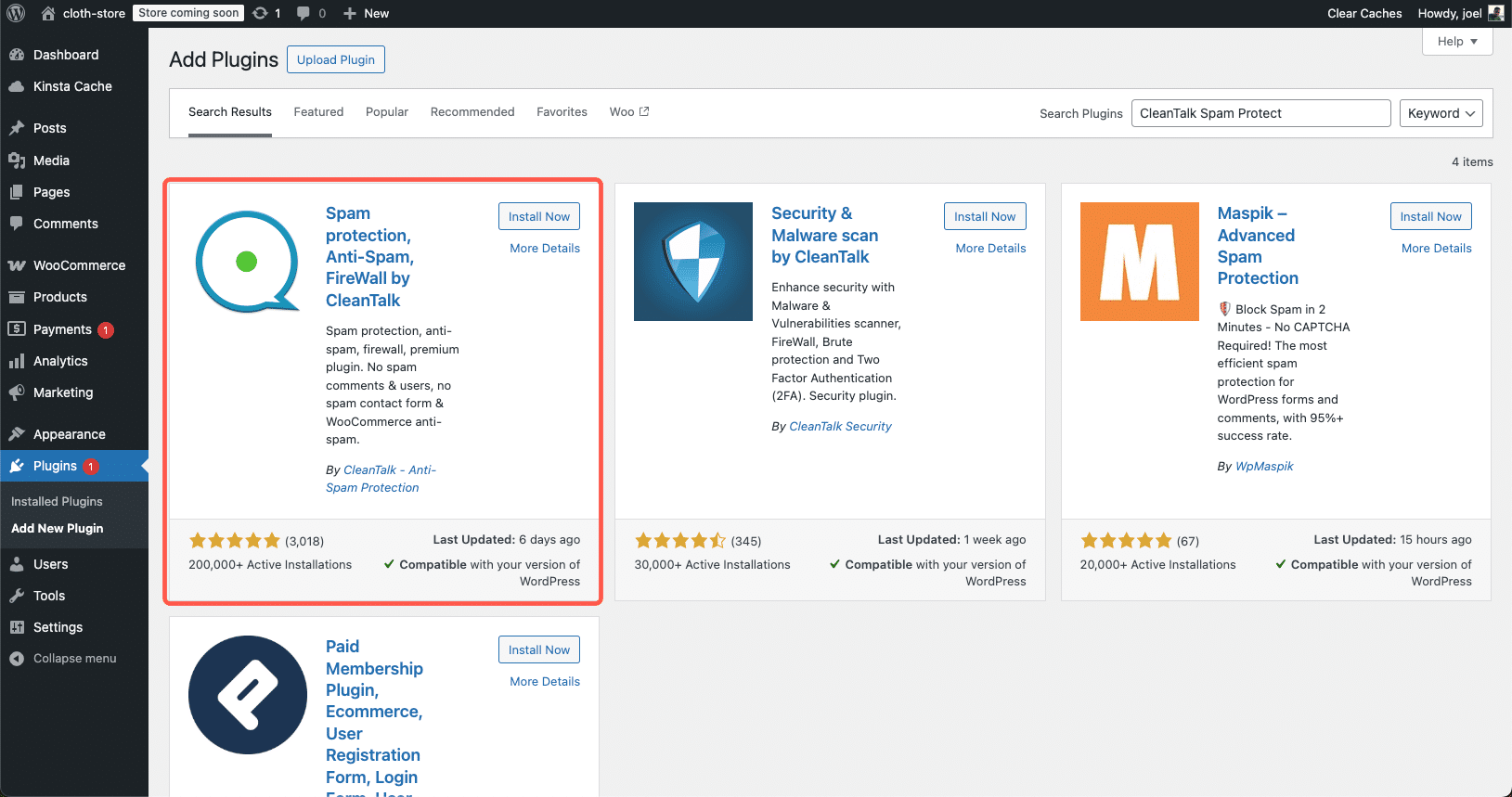 Installing and setting up CleanTalk Spam Protect for WooCommerce.
