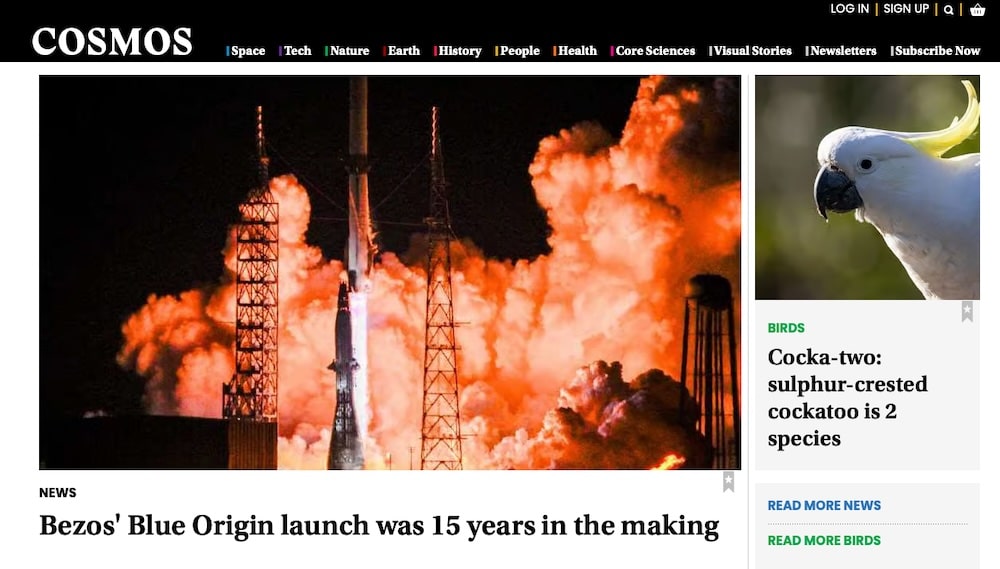Captura de pantalla del sitio web de la Cosmos Magazine.