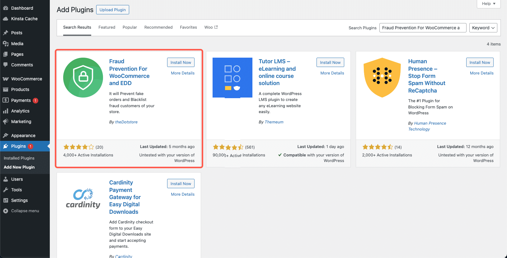 Installing the Fraud Prevention for WooCommerce plugin.