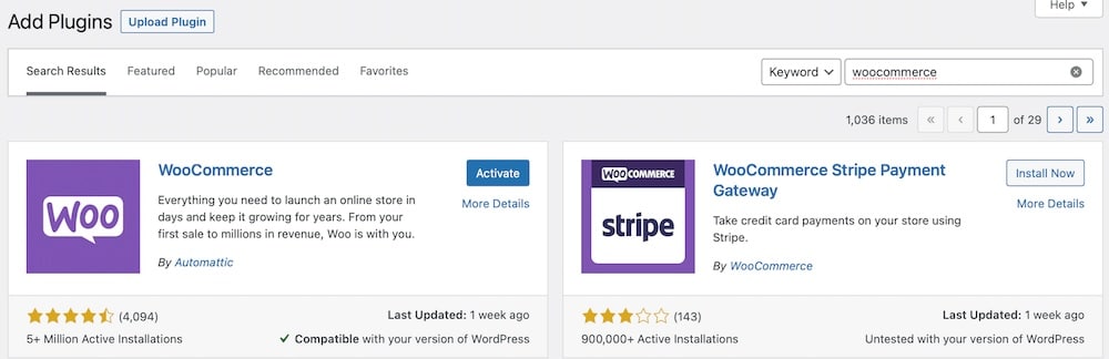 Instalación del plugin WooCommerce en el panel de administración de WordPress.