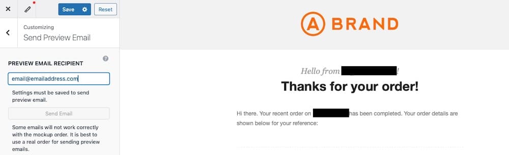 Screenshot of the interface for previewing emails and sending a test in the Kadence WooCommerce Email Designer plugin.