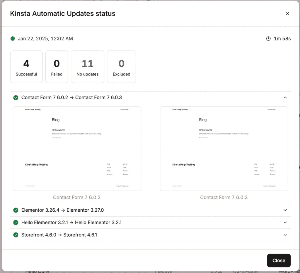 Kinsta Automatische updates status.