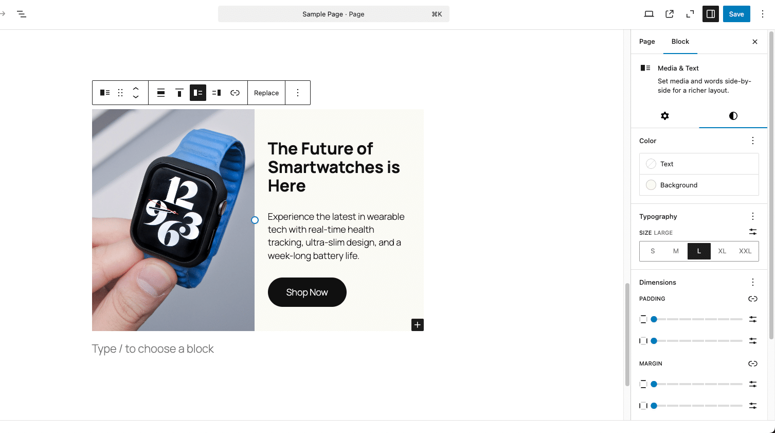 WordPress Media & Text block without Duotone support.