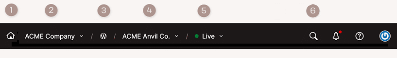 Screenshot of MyKinsta's top menu. Numbered 1 to 5 are the new features introduced for navigating the dashboard.