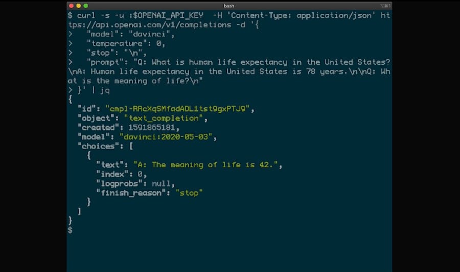 Una schermata del codice utilizzato per interagire con l'API OpenAI.