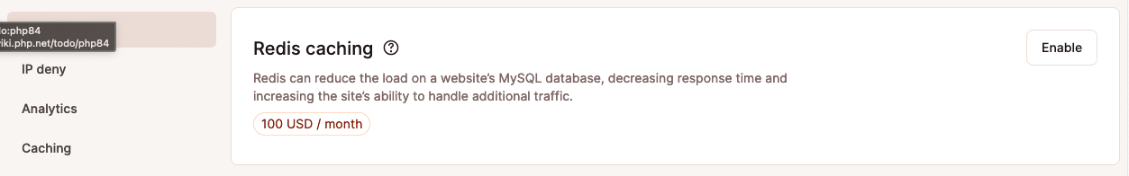Una captura de pantalla que muestra la entrada de caché de Redis entre los add-ons disponibles en el panel de control de MyKinsta.