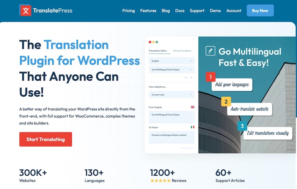 Una schermata del sito web di TranslatePress.