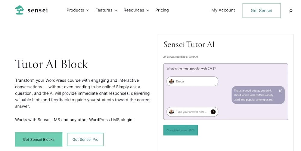 Le Tutor AI Block de Sensei LMS rend l'éducation plus autoguidée pour les étudiants.