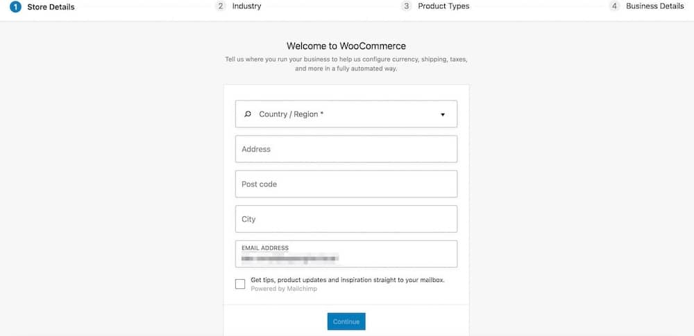 Una captura de pantalla del Asistente de configuración de WooCommerce en acción.