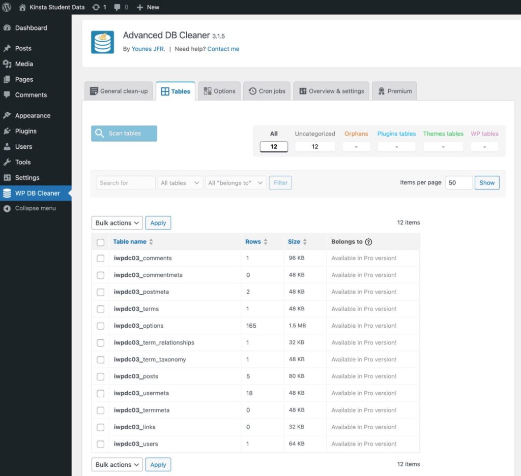 Een afbeelding die laat zien hoe je gegevens kunt verwijderen met de plugin Advanced Database Cleaner.