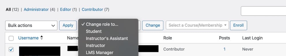 A screenshot of the interface for assigning user roles in WordPress after the installation of LifterLMS.