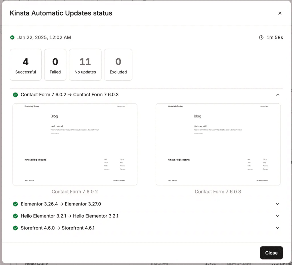 Kinsta Automatic Updates status page