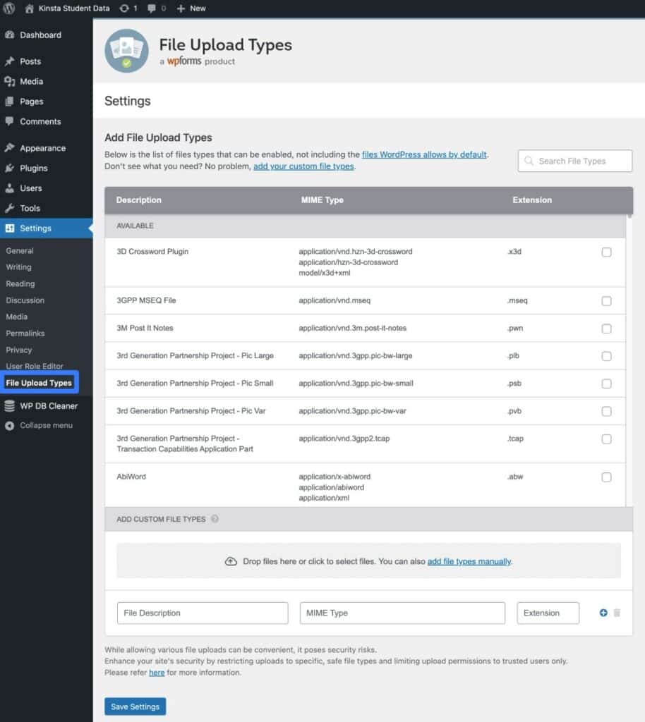Een afbeelding die laat zien hoe je de plugin File Upload Types kunt gebruiken om bestandstypen te beperken.