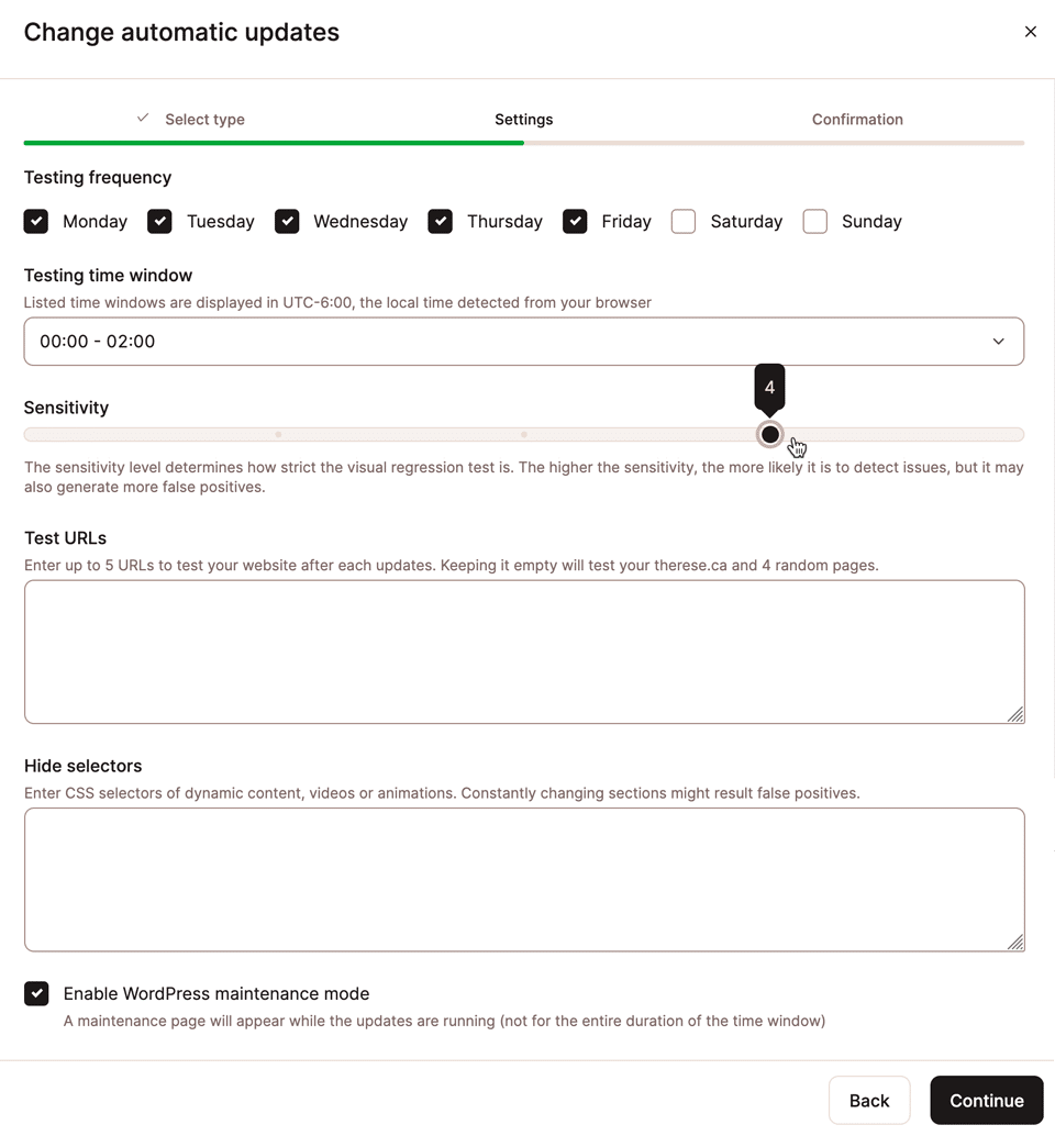 Screenshot showing the settings dialog for Kinsta Automatic Updates.