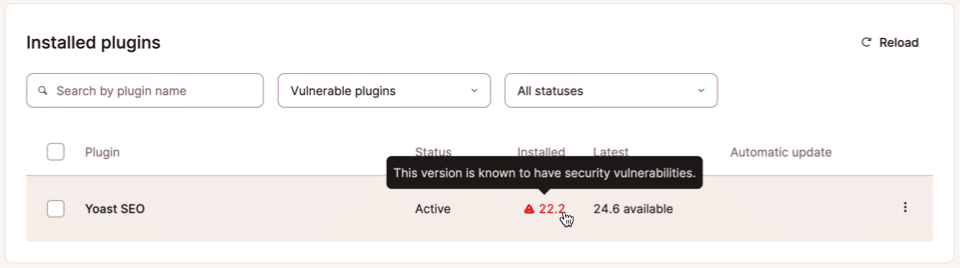 Screenshot che elenca i plugin con aggiornamenti disponibili in MyKinsta.