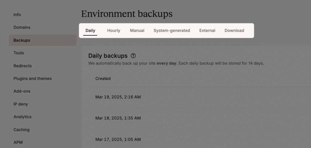 Een lijst met backups van de automatische backup tool van Kinsta.