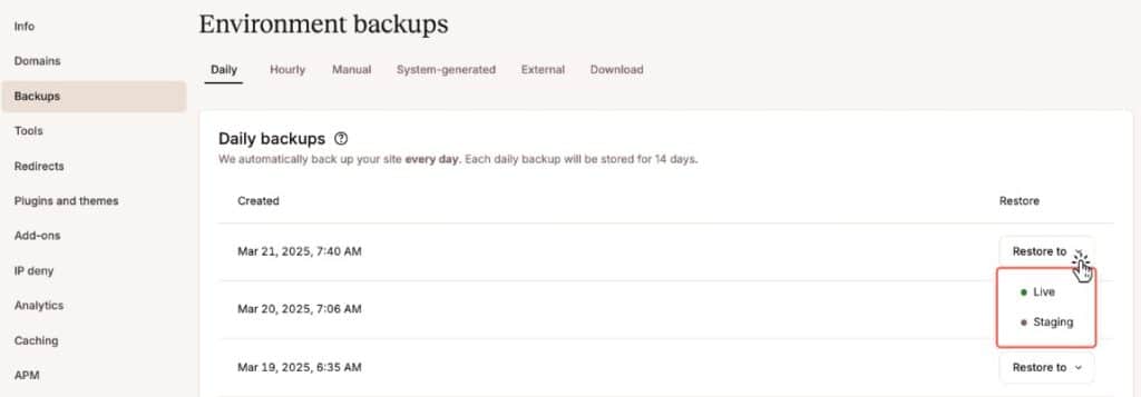 Een afbeelding die laat zien hoe je een backup terugzet bij Kinsta.