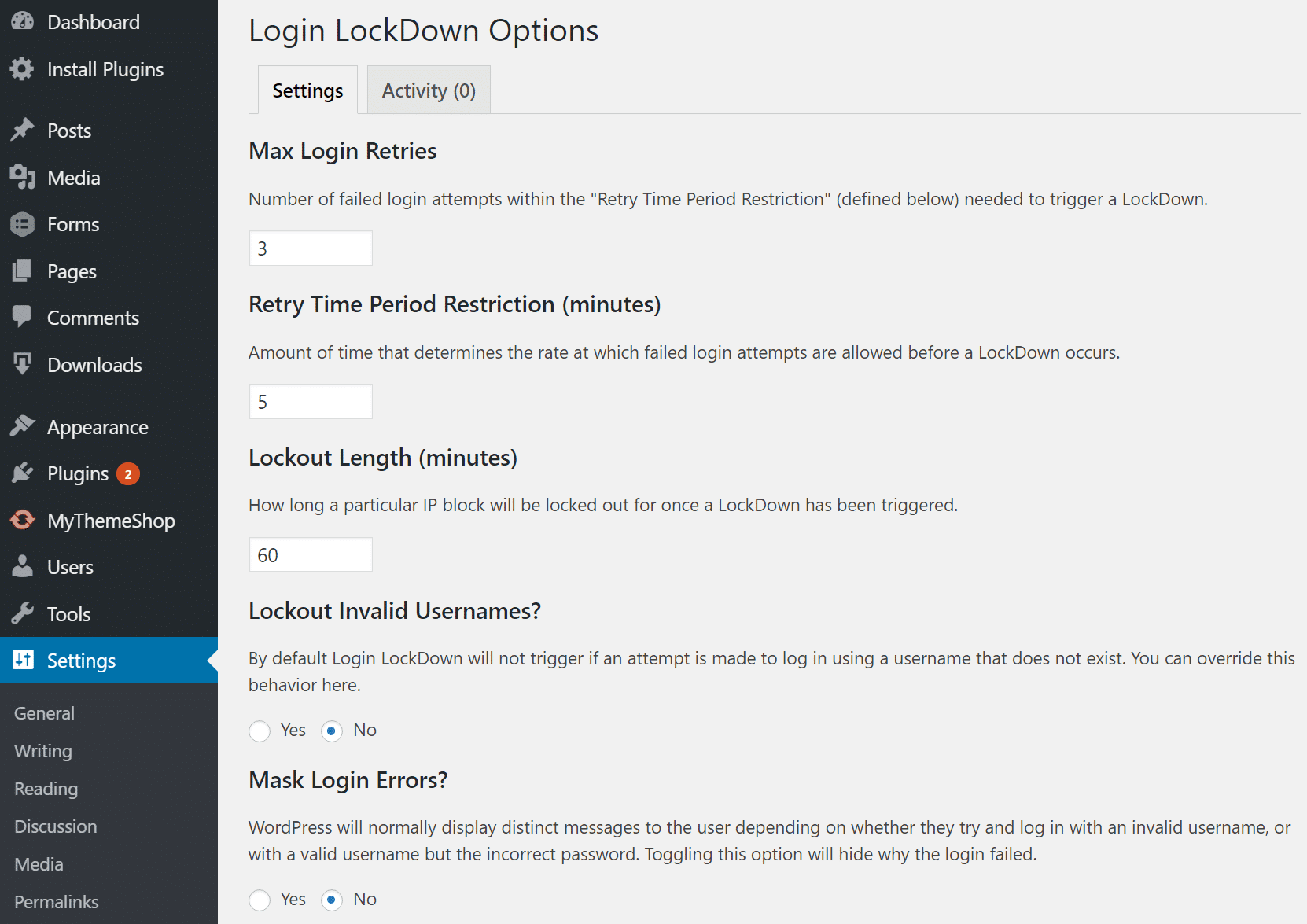 Login Lockdown & Protection settings