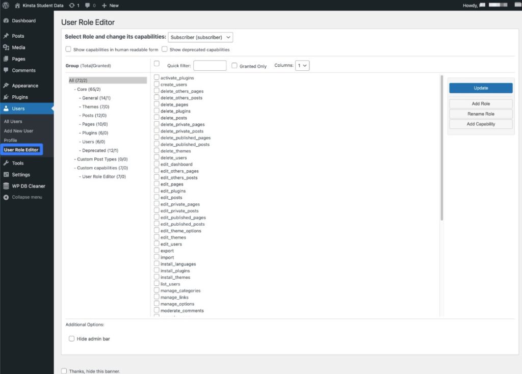 Een afbeelding die laat zien hoe je gebruikersrollen en bevoegdheden kunt beheren met User Role Editor.