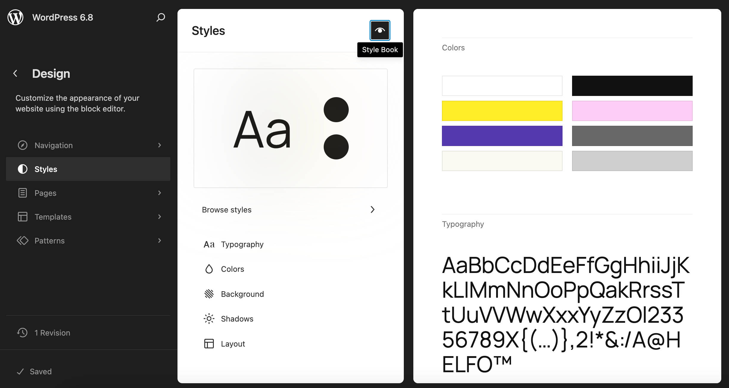 The Global Styles panel in the main Site Editor menu in WordPress 6.8