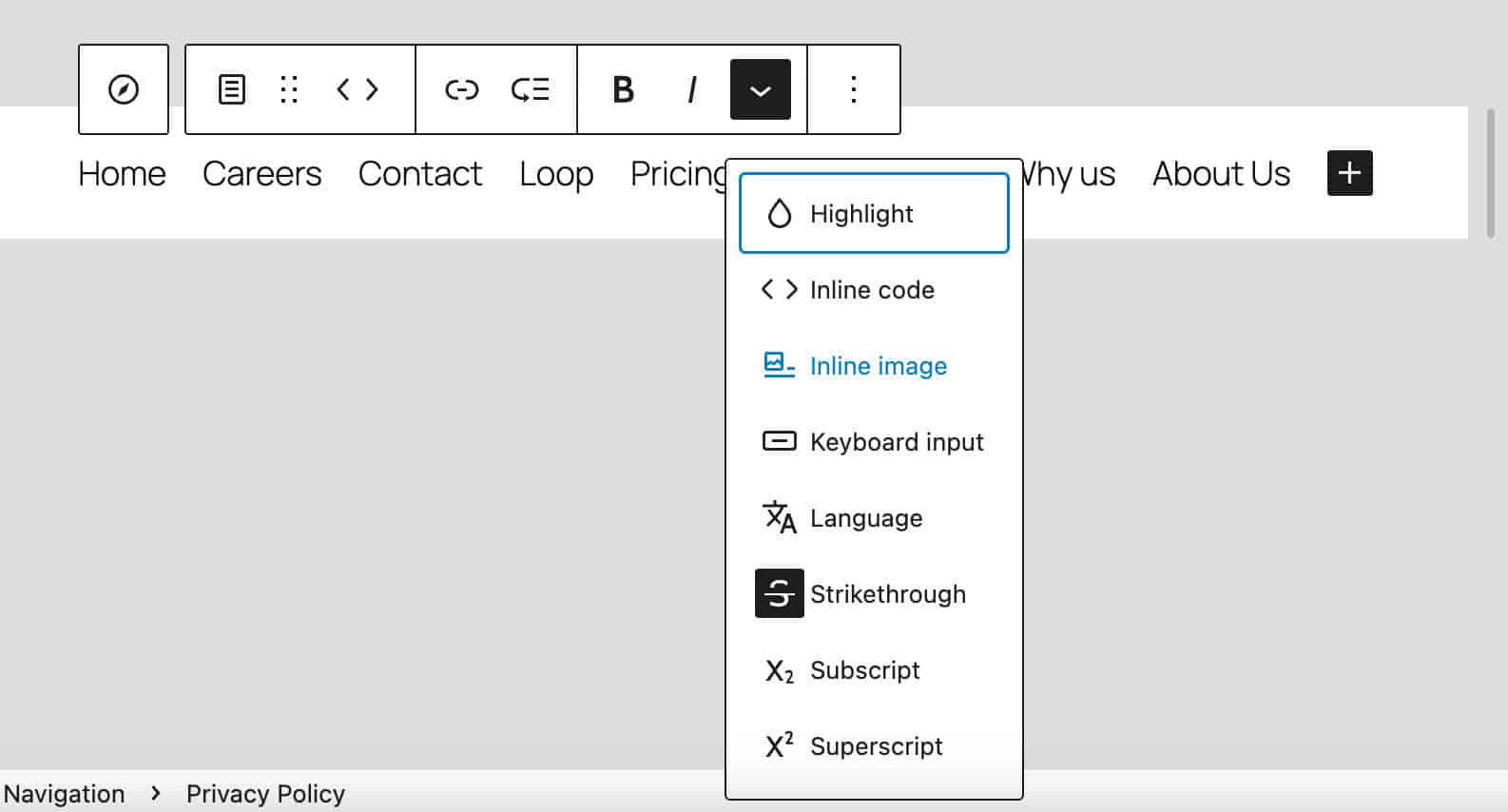 Non-interactive formats are available within Navigation link and submenu blocks