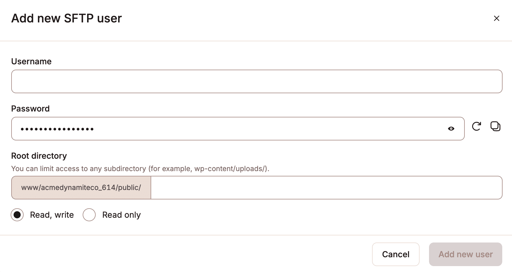 I dati di accesso di un utente SFTP aggiuntivo.