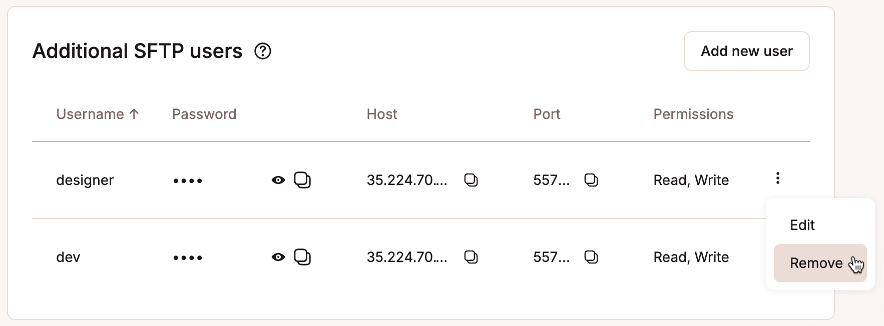 Una schermata che include il menu a discesa per la modifica o la rimozione di un utente SFTP in MyKinsta.