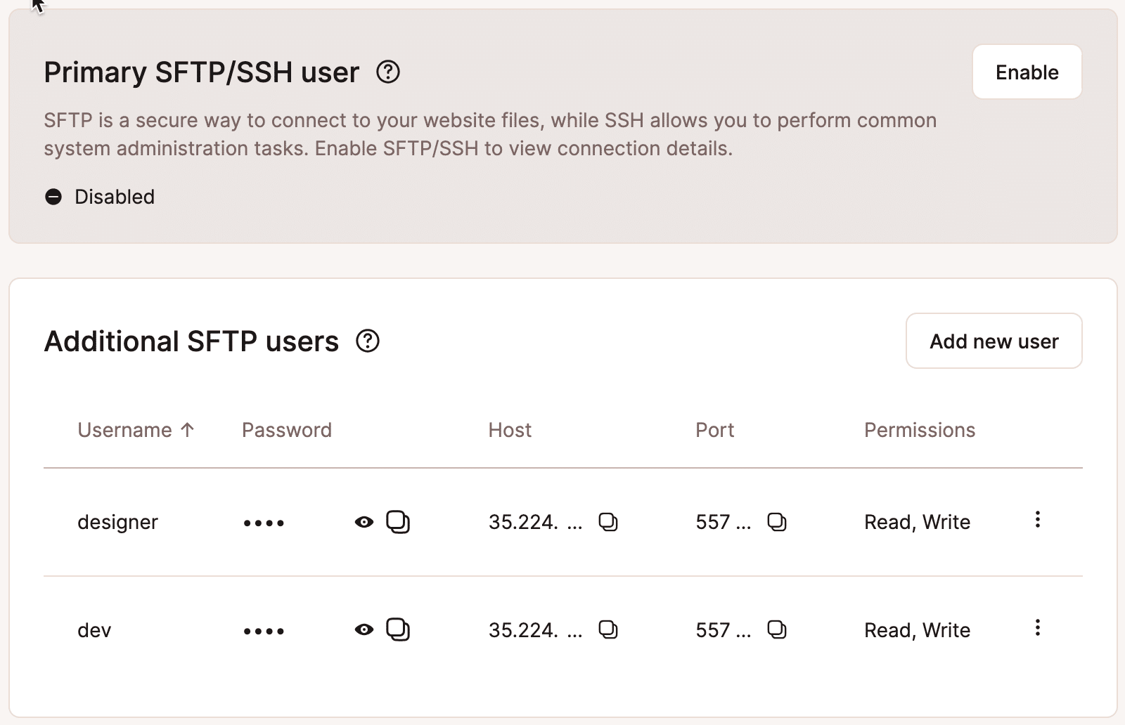 Una schermata che mostra che l'account SFTP/SSH predefinito per un ambiente WordPress è disabilitato, mentre l'accesso ad altri account SFTP è abilitato.