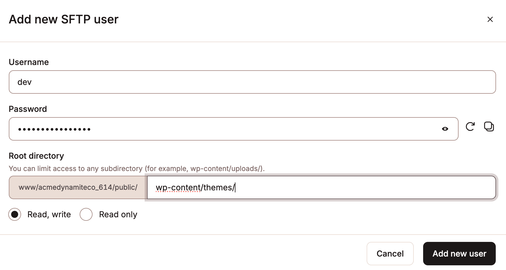 Specificare una directory root alternativa quando si aggiunge un utente SFTP nella dashboard di MyKinsta.