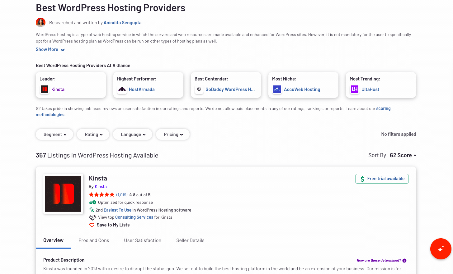G2's report on WordPress hosting providers