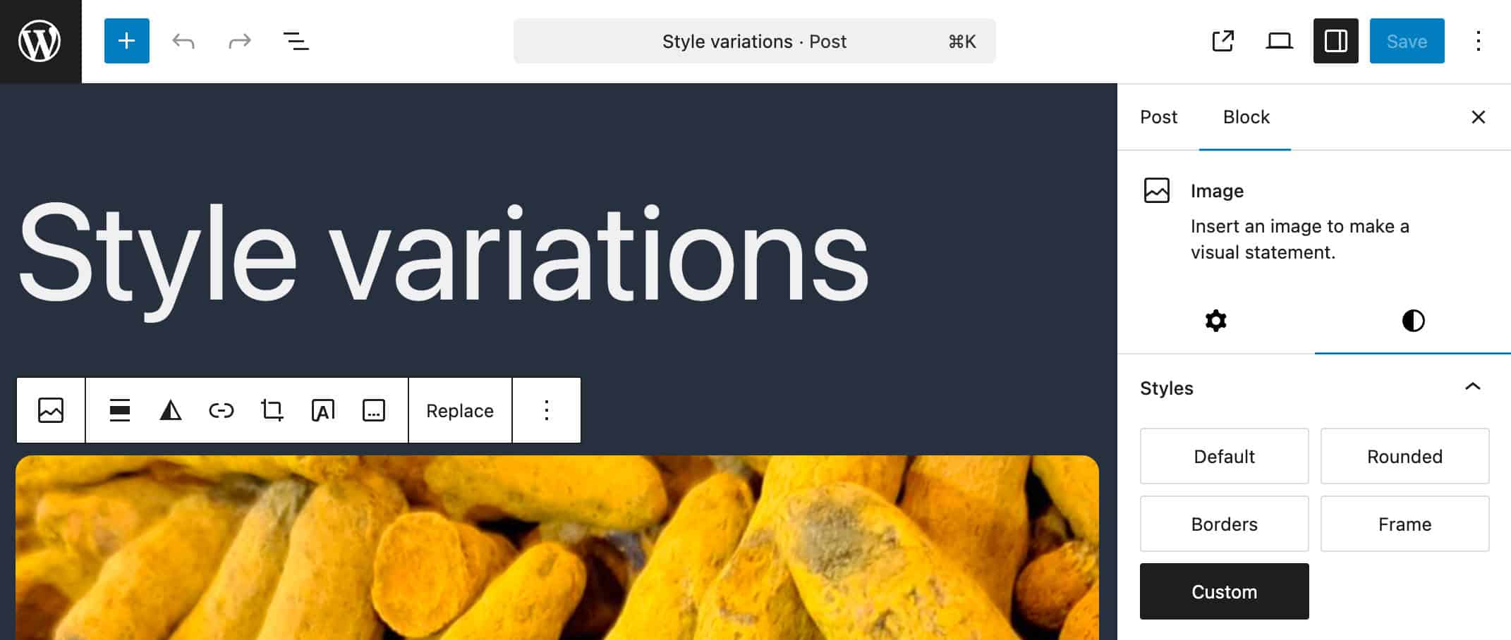 A custom style variation for an Image block in the Post editor