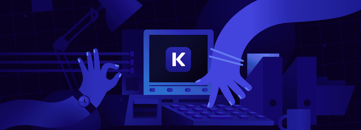 Eine coole digitale Illustration in Blautönen, die Hände zeigt, die einen Computer benutzen. Eine Hand tippt auf einer Tastatur, während die andere auf einen Computerbildschirm zeigt, auf dem ein weißer Buchstabe „K“ auf blauem Hintergrund zu sehen ist. Die Illustration hat ein modernes, grafisches Design mit abstrakten Formen im Hintergrund.