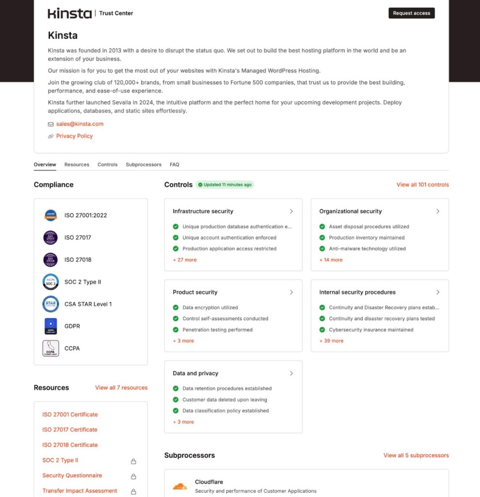 Una captura de pantalla del Centro de Confianza de Kinsta