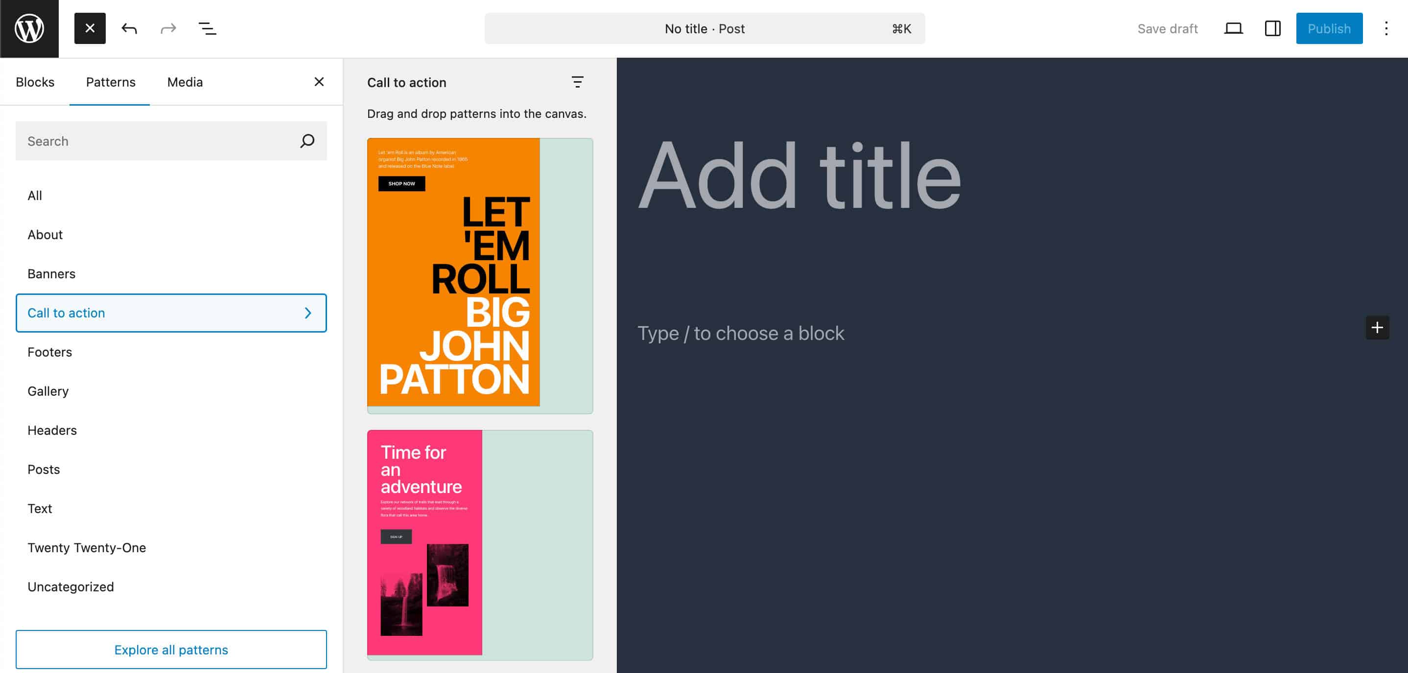 The Patterns section in the block inserter of the Post Editor with Twenty Twenty-One theme