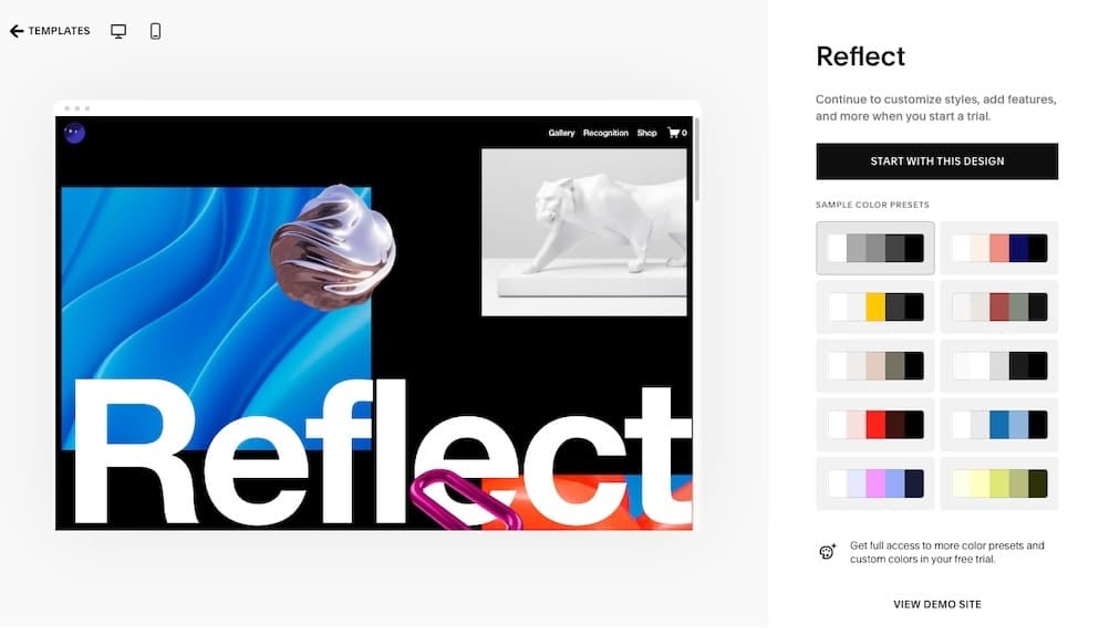 Ein Screenshot, der eine Demo-Vorlage von Squarespace zeigt.