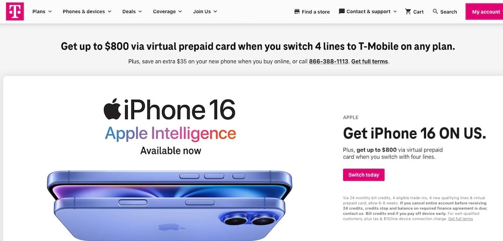 Een screenshot van de T-Mobile website.
