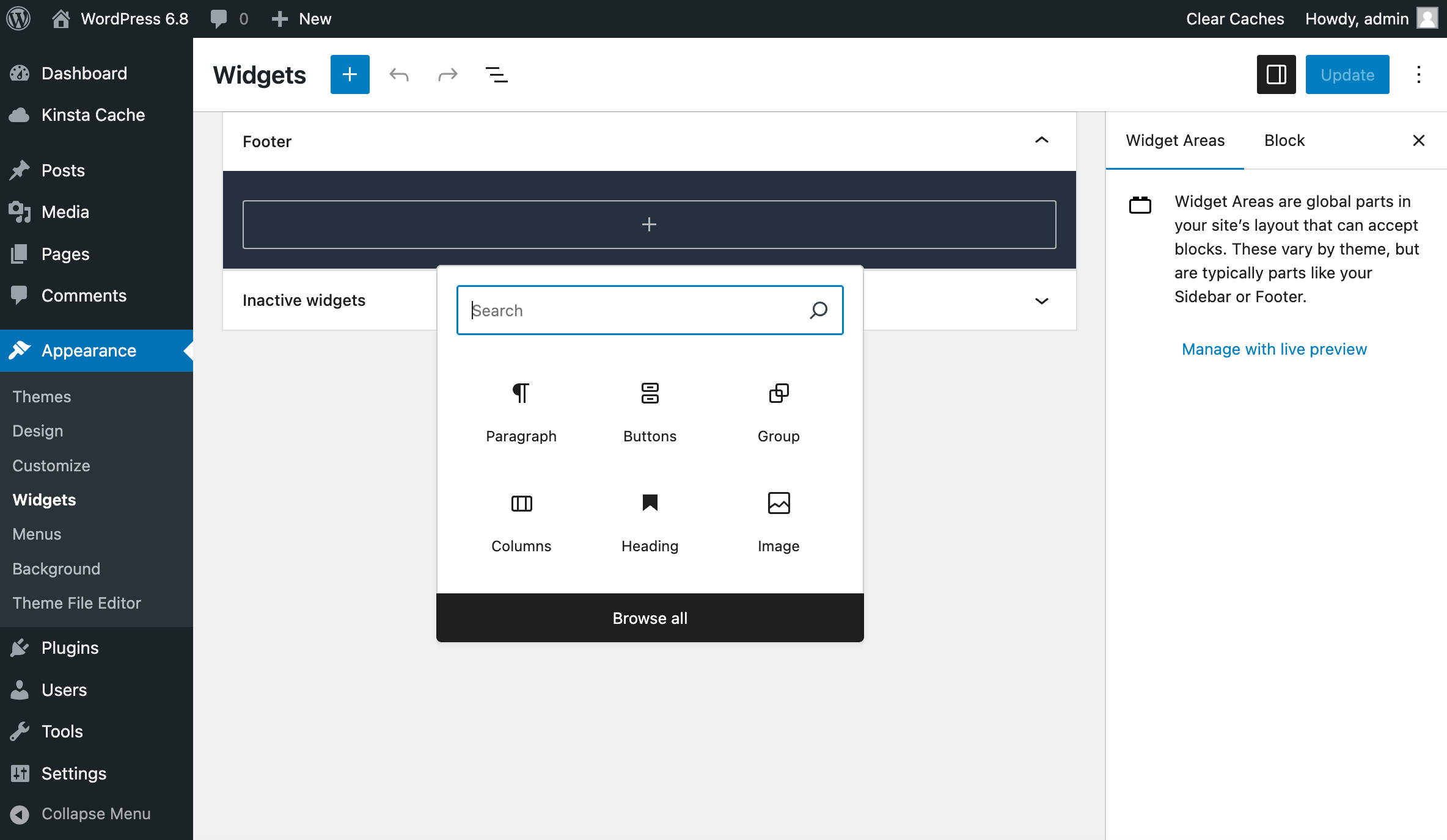 Het Widgets scherm in Twenty Twenty-One