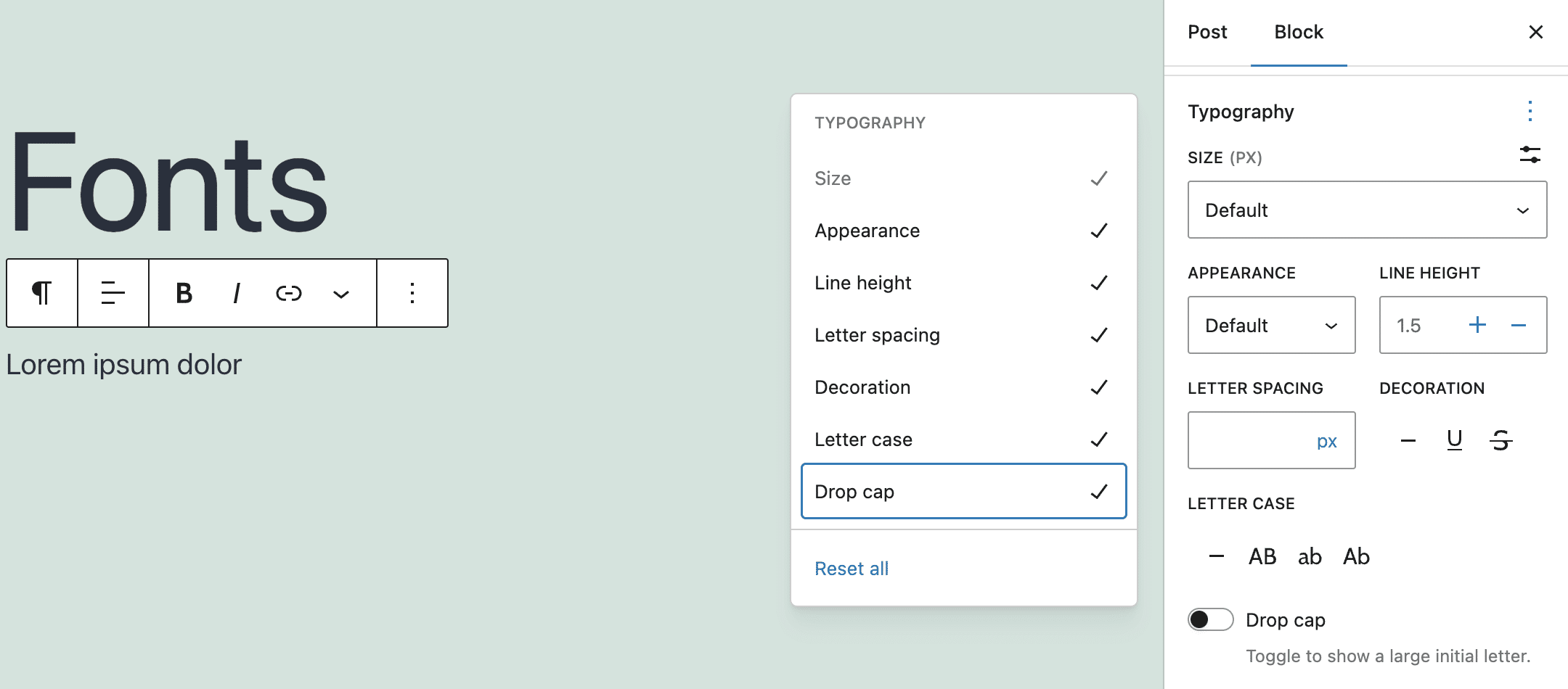 Paragraph blok zijbalk met Twenty Twenty-One thema zonder theme.json