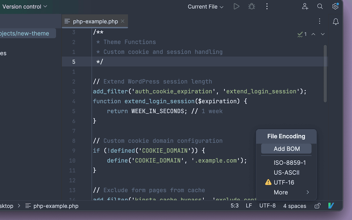 Utilisation d'un éditeur de code pour vérifier le codage du fichier.