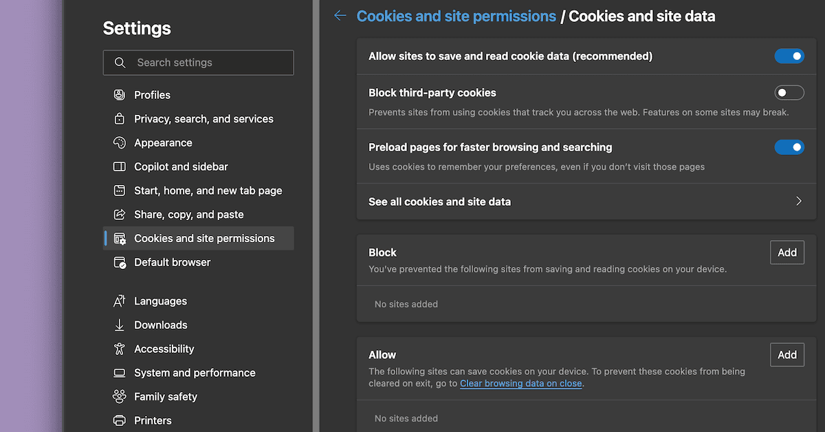 Paramètres cookies dans Microsoft Edge.