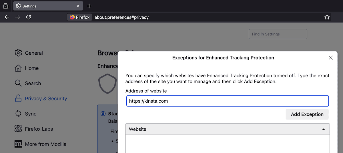 Ajout d'une exception de site dans Firefox.