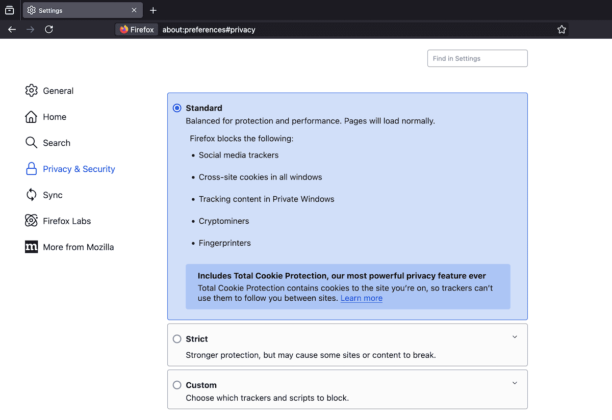 Paramétrage des cookies dans Firefox.