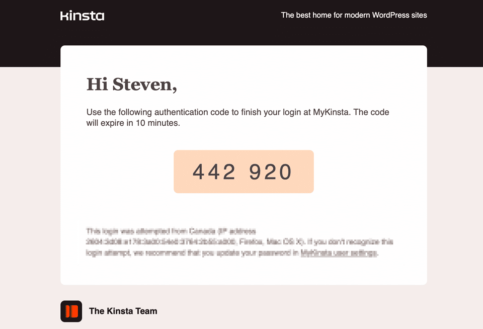 Ein Screenshot der E-Mail, die zur Bestätigung der Zwei-Faktor-Authentifizierung in MyKinsta verschickt wurde.